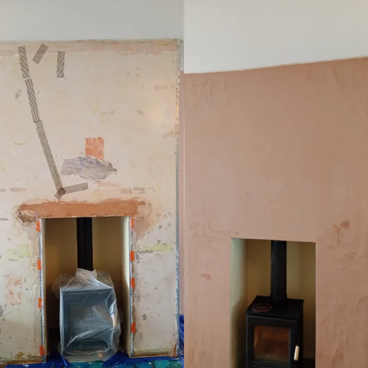 Before and after of a chimney breast around a wood burner, skimmed to a smooth finish