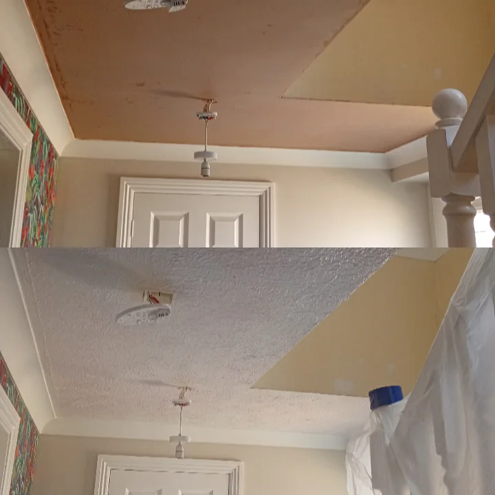 Before and after of a stairwell and landing skimmed to a smooth finish