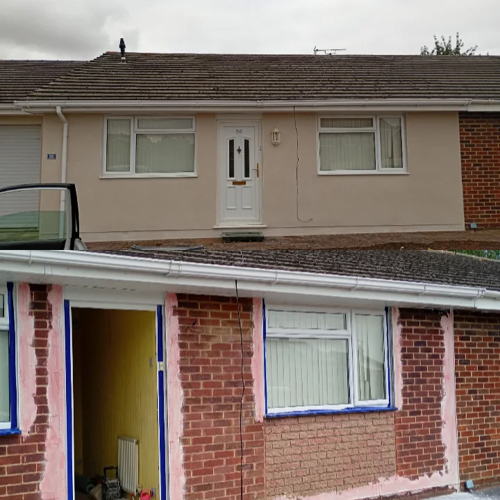 Before and after of a house rendered in a smooth modern finish with new reveals